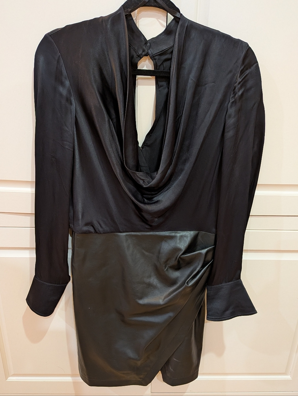 Maeve by Anthropologie Black Draped Neck Satin and Faux Leather Mini Dress